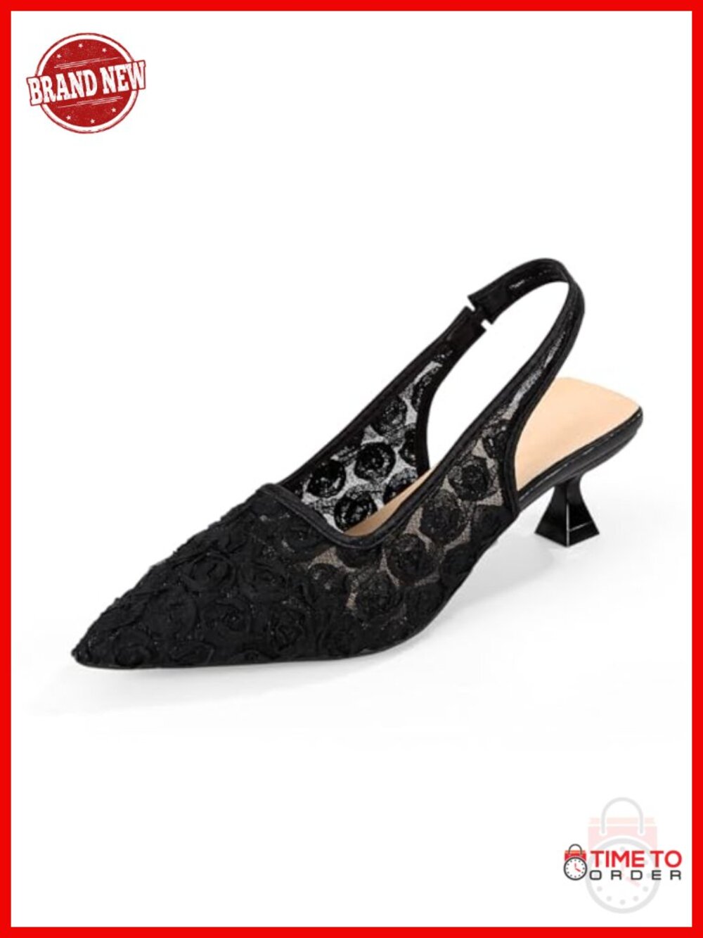 Lace Kitten Heels Slingback Pointed Toe Floral Mesh Dress Shoes